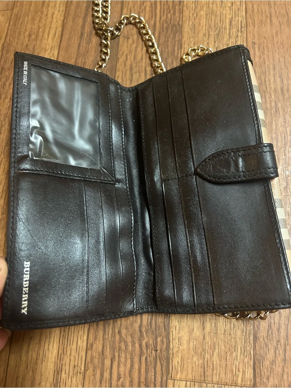 Burberry Classic Plaid Crossbody Wallet with Chain Strap - Beige/Black